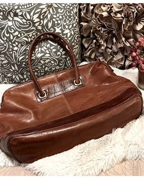 Vintage Two-tone Distressed Brown Tan Leather Laptop Carryon Tote Satchel Purse